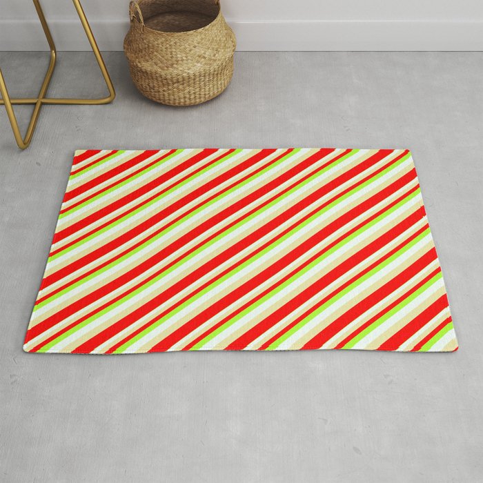 Light Green, Mint Cream, Pale Goldenrod & Red Colored Stripes/Lines Pattern Rug