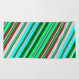 [ Thumbnail: Colorful Brown, Light Grey, Cyan, Dark Green, and Green Colored Stripes Pattern Beach Towel ]