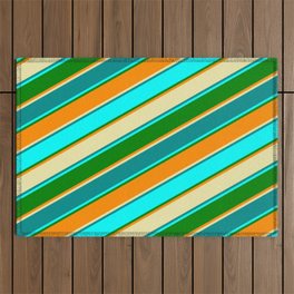 [ Thumbnail: Dark Orange, Pale Goldenrod, Dark Cyan, Cyan, and Green Colored Pattern of Stripes Outdoor Rug ]