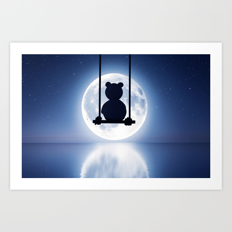 Sad Teddy Bear Sitting On Swing Looking To The Moon 3d Rendering