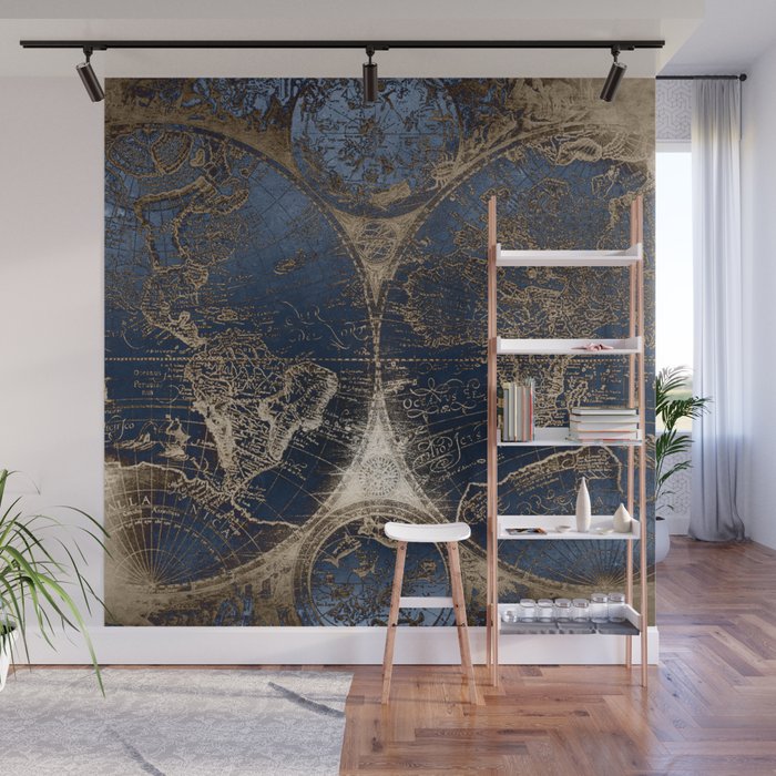World Map Deep Blue and Gold Wall Mural