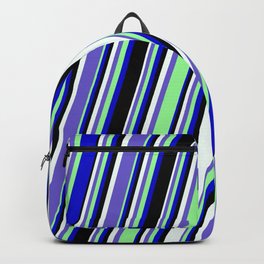 [ Thumbnail: Mint Cream, Slate Blue, Green, Blue, and Black Colored Pattern of Stripes Backpack ]