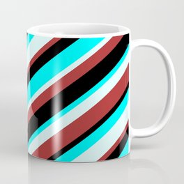 [ Thumbnail: Aqua, Light Cyan, Brown & Black Colored Lined Pattern Coffee Mug ]