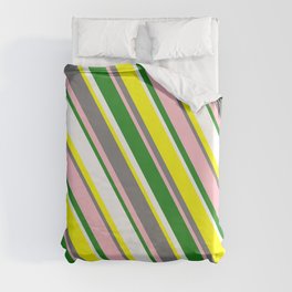 [ Thumbnail: Colorful Yellow, Grey, Pink, Forest Green & White Colored Lines/Stripes Pattern Duvet Cover ]