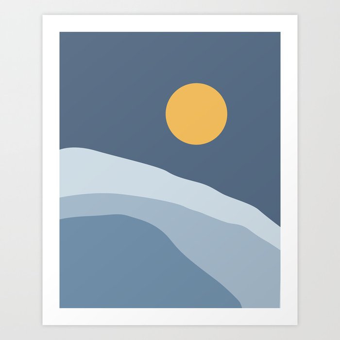 Abstract Landscape. Blue Ocean Waves. Moon. Art Print