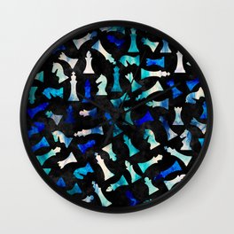 Chess Figures Pattern -Watercolor Blue and Teals Wall Clock