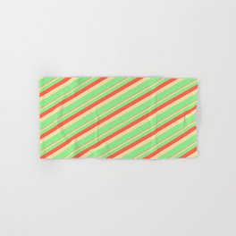[ Thumbnail: Red, Tan & Light Green Colored Lines Pattern Hand & Bath Towel ]