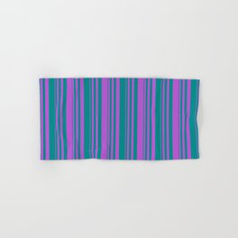 [ Thumbnail: Dark Cyan & Orchid Colored Lined Pattern Hand & Bath Towel ]