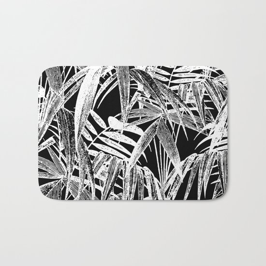 Black and White Vintage Tropical Palm Leaf Pattern Bath Mat