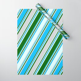 [ Thumbnail: Deep Sky Blue, Light Cyan, Dark Green & Light Gray Colored Lines Pattern Wrapping Paper ]