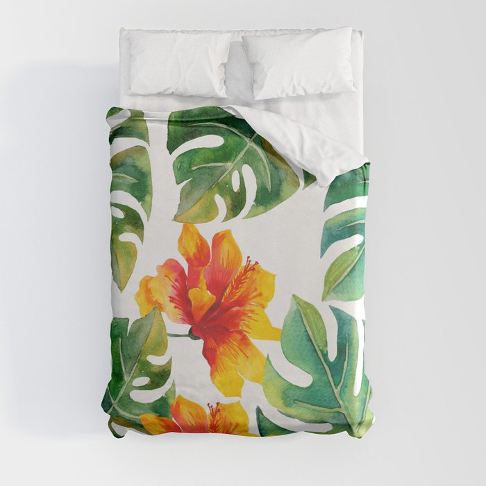 Monstera And Hibiscus Duvet Cover