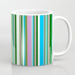 [ Thumbnail: Green, Plum, Dark Green, White & Deep Sky Blue Colored Stripes Pattern Coffee Mug ]