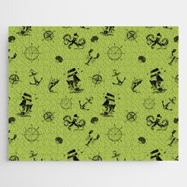 Light Green And Black Silhouettes Of Vintage Nautical Pattern Jigsaw Puzzle