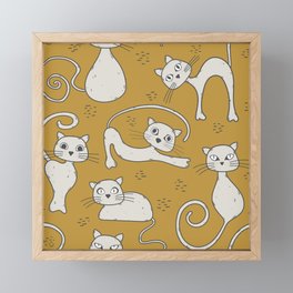 Mustard yellow and off-white cat pattern Framed Mini Art Print