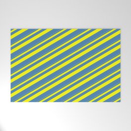[ Thumbnail: Yellow and Blue Colored Pattern of Stripes Welcome Mat ]