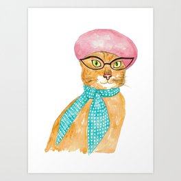 Cat in beret hat tabby Painting Wall Poster Watercolor Art Print