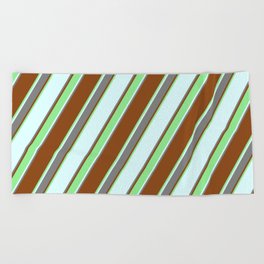 [ Thumbnail: Brown, Light Green, Light Cyan, and Grey Colored Lined Pattern Beach Towel ]