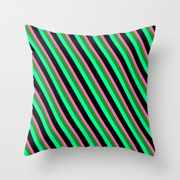 Hot Pink, Forest Green, Green & Black Colored Striped Pattern Throw Pillow
