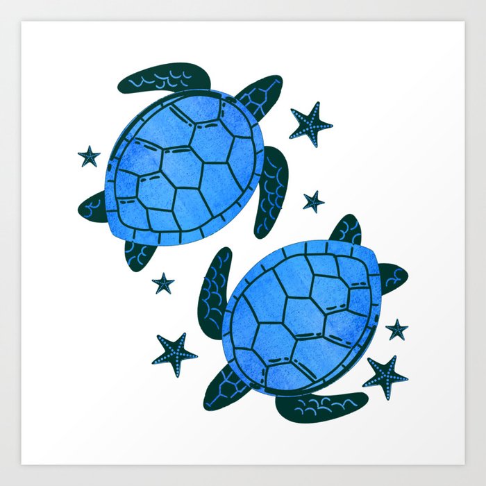 Navy Blue Sea Turtles and Starfishes - Tumblr Trendy Illustration Art Print
