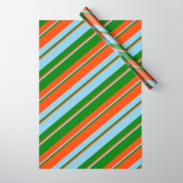 [ Thumbnail: Red, Sky Blue, and Green Colored Stripes/Lines Pattern Wrapping Paper ]