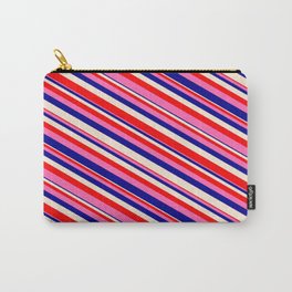 [ Thumbnail: Beige, Red, Hot Pink, and Dark Blue Colored Stripes/Lines Pattern Carry-All Pouch ]