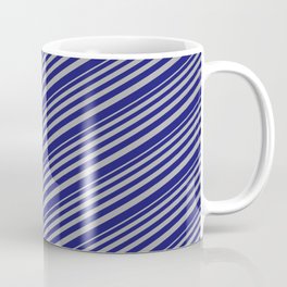 [ Thumbnail: Dark Grey & Midnight Blue Colored Lined/Striped Pattern Coffee Mug ]