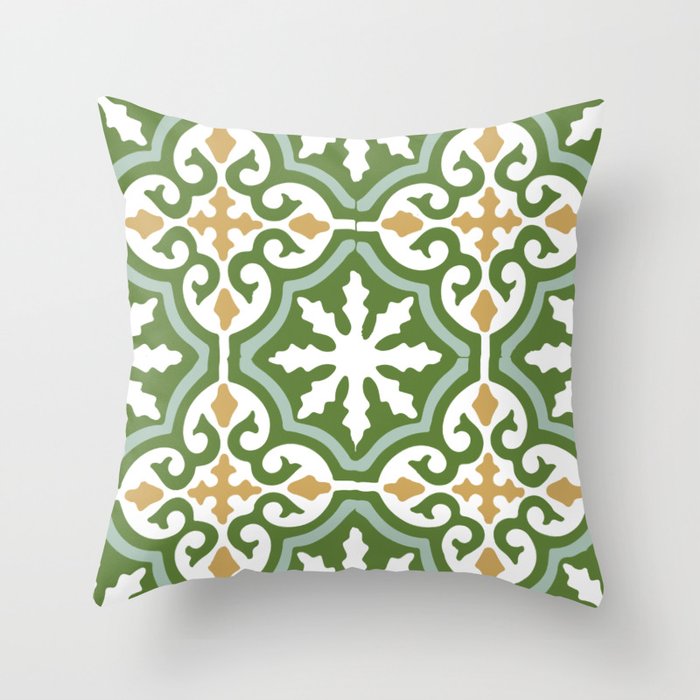 Moroccan Modern Geometric Mosaic tilework Green and Yellow Throw Pillow