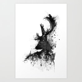 Deer Head Watercolor Silhouette - Black and White Art Print