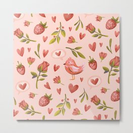 Red Hearts Tulips Strawberries Bird Cute Pattern Metal Print