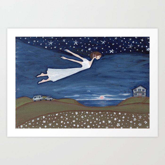Flying Girl Remembers Her Dreams Or Night Blooming Art Print By