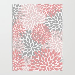 Floral Pattern, Coral Pink and Gray Poster