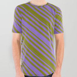 [ Thumbnail: Purple & Green Colored Lines/Stripes Pattern All Over Graphic Tee ]