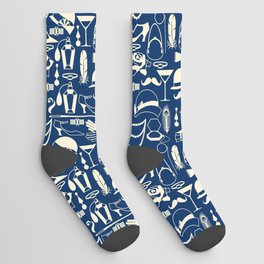 White Fashion 1920s Vintage Pattern on Dark Navy Blue Socks