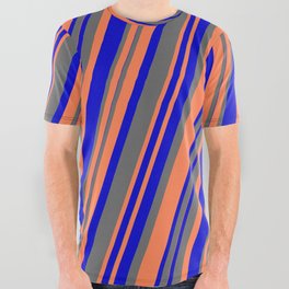 [ Thumbnail: Blue, Dim Gray, and Coral Colored Lines Pattern All Over Graphic Tee ]
