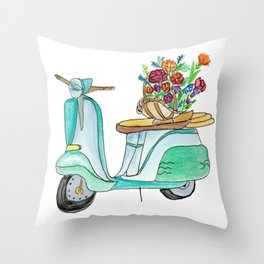 Watercolor Vespa Scooter With Basket Of Flowers Throw Pillow