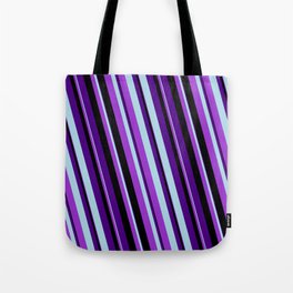 [ Thumbnail: Indigo, Light Blue, Dark Orchid & Black Colored Striped Pattern Tote Bag ]