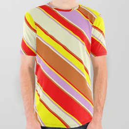 [ Thumbnail: Eyecatching Red, Yellow, Plum, Light Yellow & Chocolate Colored Stripes Pattern All Over Graphic Tee ]