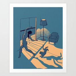 Dancing with the cat | Blue Moody sunset light and shadows Aesthetic room | Naked dance Femme Fatale Art Print