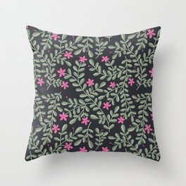 Moringa Flowers Floral Folk Pattern - Vintage Colours on Dark Throw Pillow