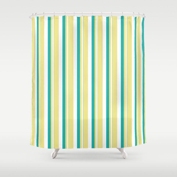 Light Sea Green, White, and Tan Colored Stripes/Lines Pattern Shower Curtain