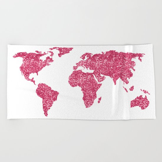 World Map Hot Pink Glitter Sparkles Beach Towel