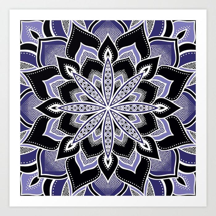 Purplish Blue  Black Flower Mandala Art Print