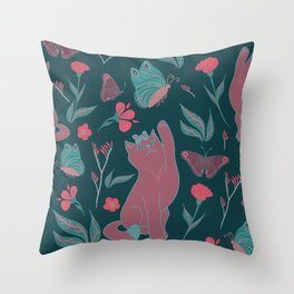 Cat's play - green and coral Throw Pillow