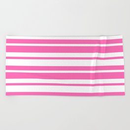[ Thumbnail: Hot Pink and White Colored Striped Pattern Beach Towel ]