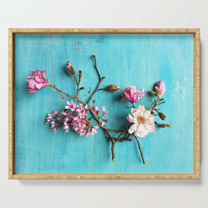 Flowers of Spring - colorful floral still life photograph Serving Tray