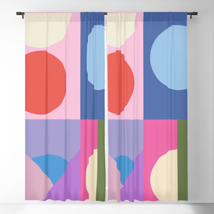 Colorful Bauhaus Style Shape Art in Pink, Blue, Yellow, and Green Blackout Curtain