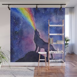 Galaxy Wolf Howling Rainbow Wall Mural