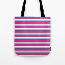 [ Thumbnail: Colorful Light Yellow, Plum, Dark Cyan, Deep Pink & Black Colored Lined Pattern Tote Bag ]