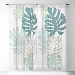 Tropical minimal / green, turquoise and gold monstera Sheer Curtain