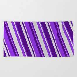 [ Thumbnail: Purple, Light Gray & Indigo Colored Stripes/Lines Pattern Beach Towel ]